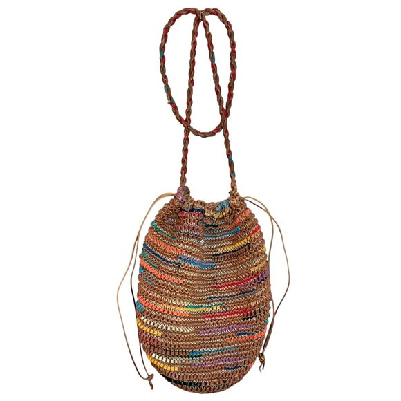 Woven Multicolor Leather Bucket Bag With Drawstring Closure - Picture 4 of 9